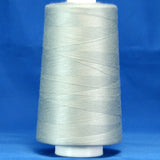 Silver thread wound on white plastic cone against blue background