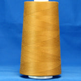 Golden brown thread wound on white plastic cone against blue background