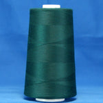 Green thread cone on white spool against blue background, showing wound polyester thread in spruce color