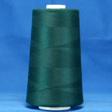 Green thread cone on white spool against blue background, showing wound polyester thread in spruce color