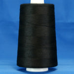 Black thread wound on white cone spool against blue background
