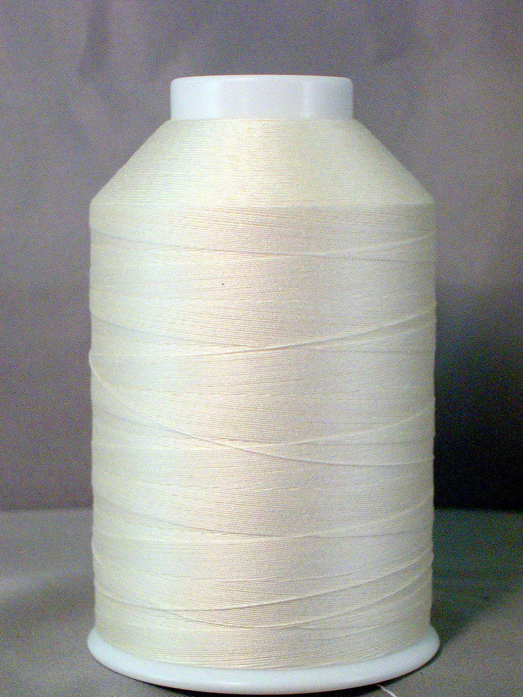 White thread cone spool with natural colored thread wound in horizontal layers