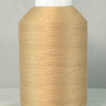 Large cone of light brown thread on white spool against gray background
