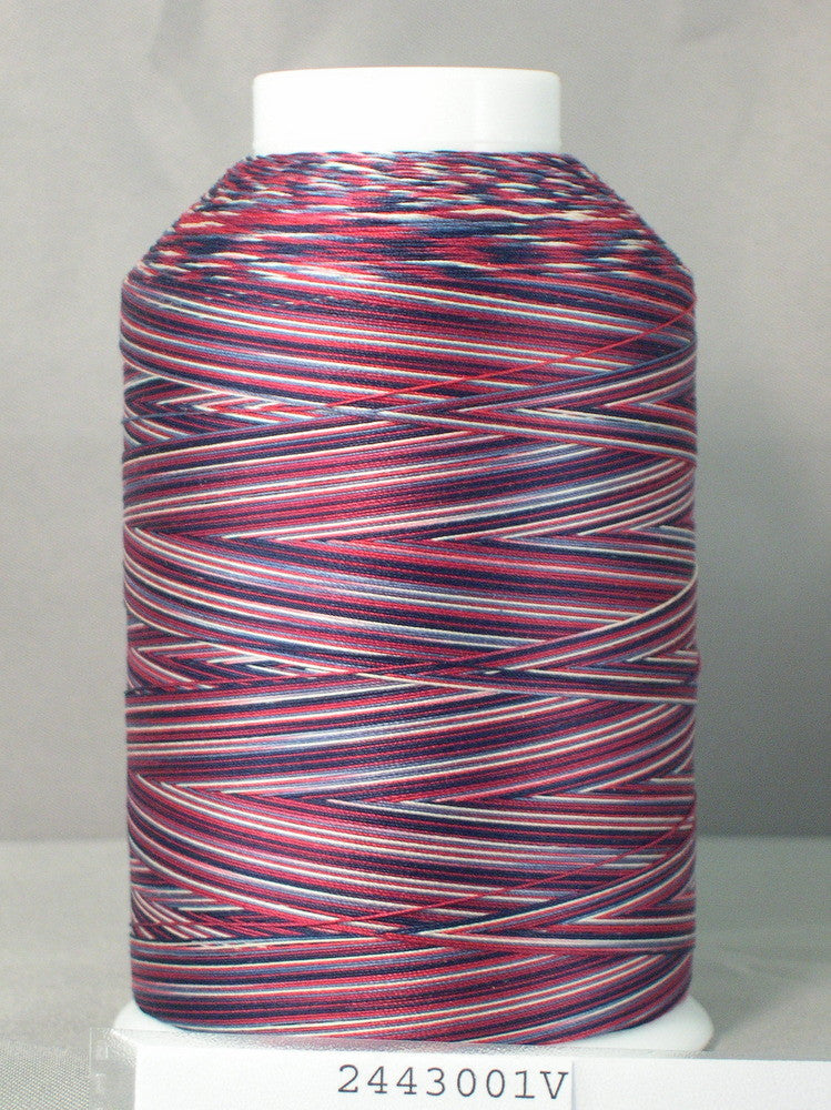Red, white and blue variegated thread on white cone spool