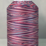 Red, white and blue variegated thread on white cone spool