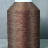 Dark taupe thread wound on white plastic cone spool