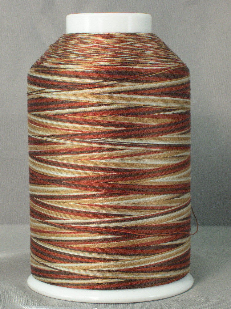 Variegated thread cone in cream to brown tones on white plastic spool