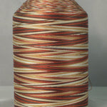Variegated thread cone in cream to brown tones on white plastic spool