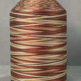 Variegated thread cone in cream to brown tones on white plastic spool