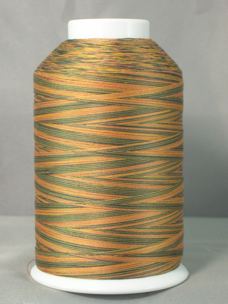 Variegated thread cone in green to tan colors on white spool