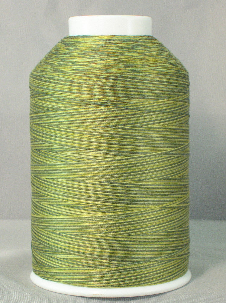 Green and yellow variegated 40 wt machine quilting thread wound on white cone spool