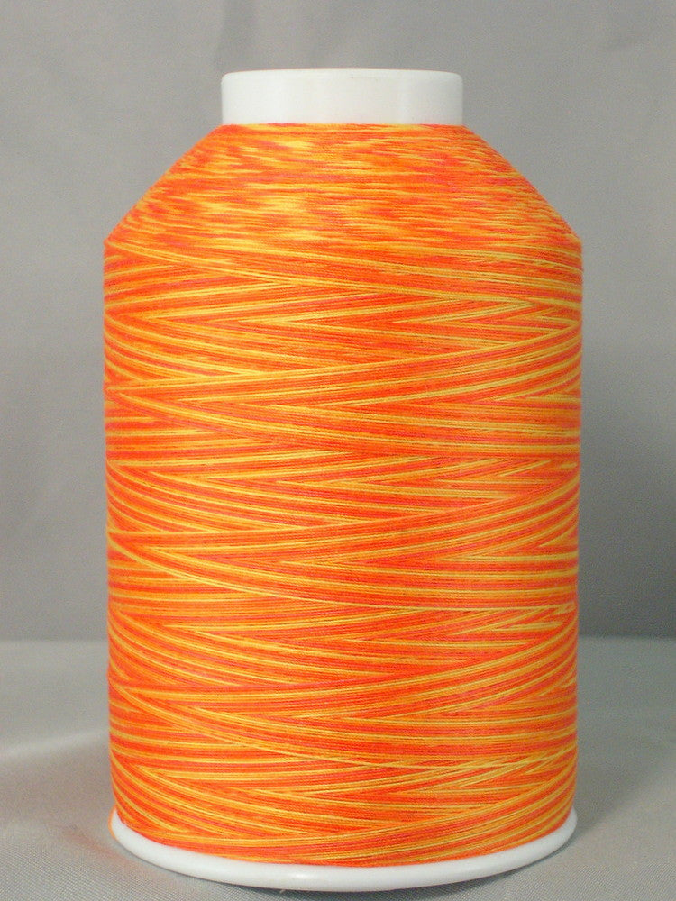 Bright orange and yellow variegated quilting thread wound on white plastic cone with smooth, even texture