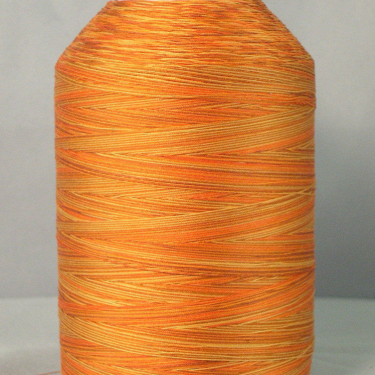 Variegated orange and gold quilting thread wound on white plastic cone
