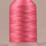 Shocking pink rayon thread wound on mini cone spool with pale pink top and bottom caps