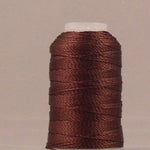 Chestnut brown rayon thread wound on white plastic mini cone with loose thread end visible