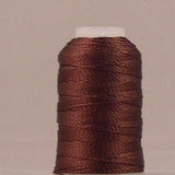 Chestnut brown rayon thread wound on white plastic mini cone with loose thread end visible