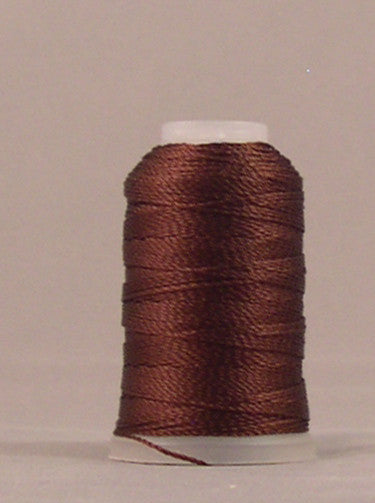 Chestnut brown rayon thread wound on white plastic mini cone with loose thread end visible