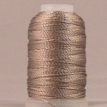 Taupe colored rayon thread wound on white mini cone spool against neutral background