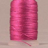 Light fuchsia rayon thread wound on white plastic mini cone with loose thread end visible