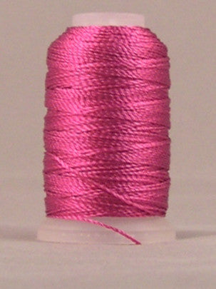 Light fuchsia rayon thread wound on white plastic mini cone with loose thread end visible