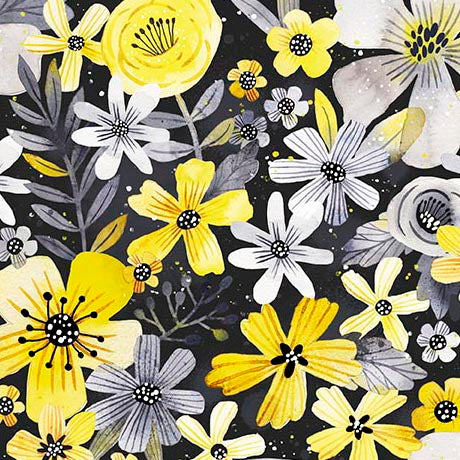 Gorgeous florals in a bold palette of tonal grays, sun-washed yellows, crisp white, and deep black are center stage in Blissful Blooms, a strikingly stylish, and endlessly versatile collection. It checks all the boxes for the maker looking for unique home décor, fashion-forward apparel, or on-trend quilts.