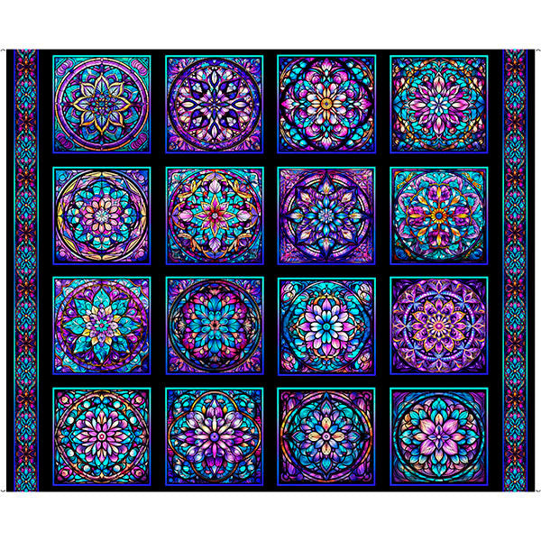Intricate, fractal designs rendered in a rich palette of deep purples, magenta, blues and black are bold and bright in this dramatic ensemble. Create mesmerizing projects reminiscent of stained-glass windows sure to impress!