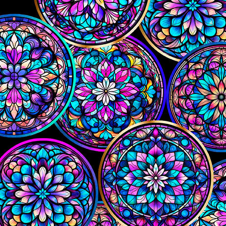 Intricate, fractal designs rendered in a rich palette of deep purples, magenta, blues and black are bold and bright in this dramatic ensemble. Create mesmerizing projects reminiscent of stained-glass windows sure to impress!