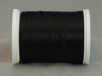 Black rayon thread wound on white plastic spool with smooth, lustrous finish