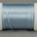 Pale blue rayon thread wound on white plastic spool with loose thread end visible