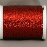 Dark red metallic thread on white plastic spool with shimmery, reflective finish
