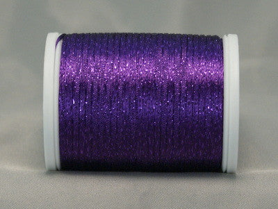 Purple metallic rayon thread on white plastic spool with sparkly, shimmery finish