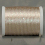 Ecru and opal rayon metallic thread on white plastic spool, shimmery cream with subtle iridescent finish.