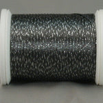 Charcoal and silver metallic rayon thread on white plastic spool with visible thread texture and shimmer