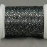 Charcoal and silver metallic rayon thread on white plastic spool with visible thread texture and shimmer