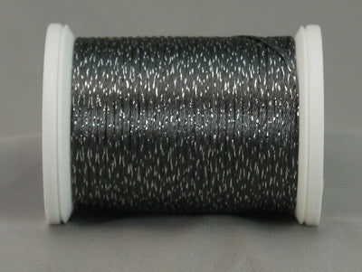 Charcoal and silver metallic rayon thread on white plastic spool with visible thread texture and shimmer