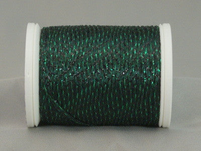 Dark green metallic thread on white plastic spool with shimmer finish