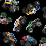 Monster trucks in all shapes and colors against a black background.