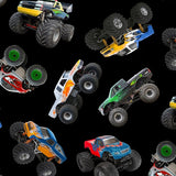 Monster trucks in all shapes and colors against a black background.