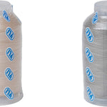 Two thread spools showing natural beige and gray polyester thread wound on clear plastic cones with blue brand logos