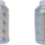 Two thread spools showing natural beige and gray polyester thread wound on clear plastic cones with blue brand logos