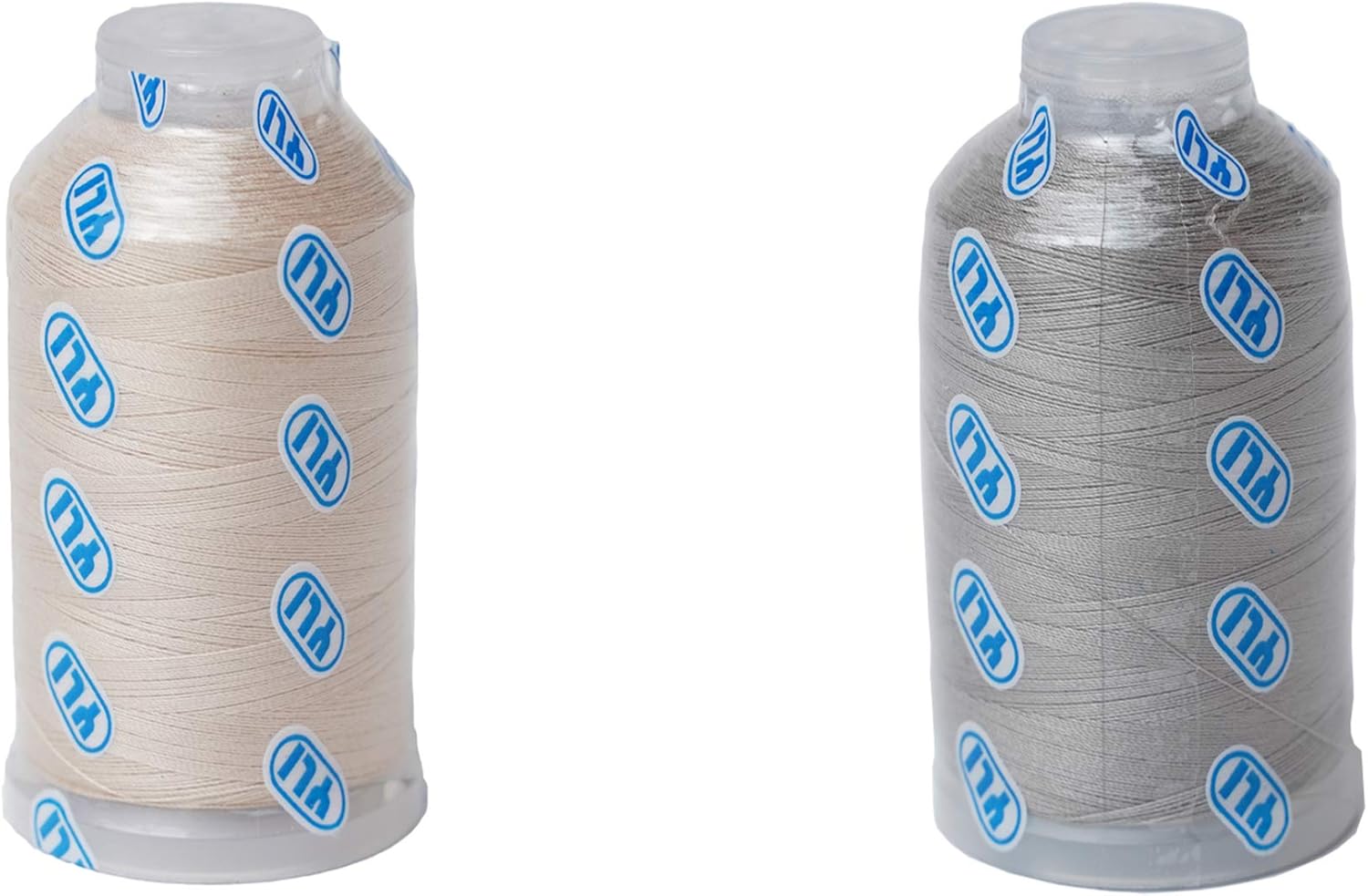 Two thread spools showing natural beige and gray polyester thread wound on clear plastic cones with blue brand logos