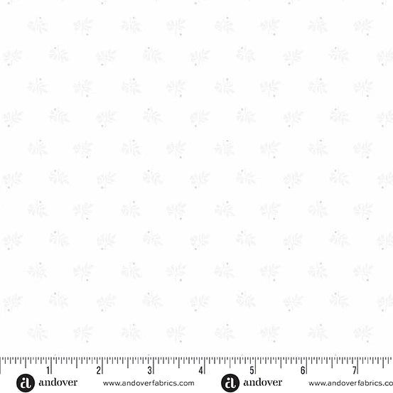 White background with tonal flowers and teeny tiny blue dots.