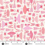 Pink ballet shoes and tutus and leotards on a soft white backgrou