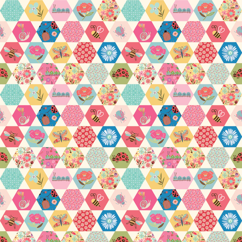 Hey Love Bug is a whimsical collection by McKenzie Elston for Poppie Cotton made up of beetles, bees, butterflies, caterpillars, and ladybugs. The color palette combines red, pink, yellow and blues on a soft white. This would be perfect for quilts, dresses, bedding and so much more.