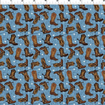 Denim blue background with cowboy boots and stars.