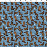 Denim blue background with cowboy boots and stars.