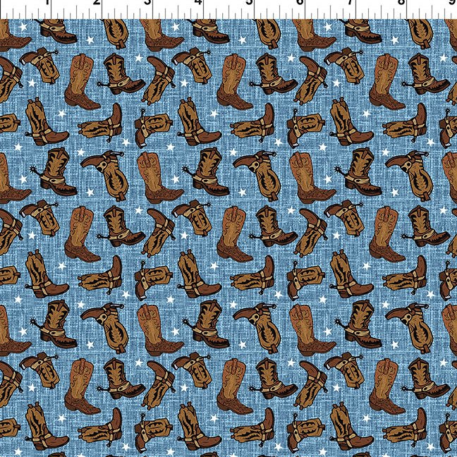 Denim blue background with cowboy boots and stars.