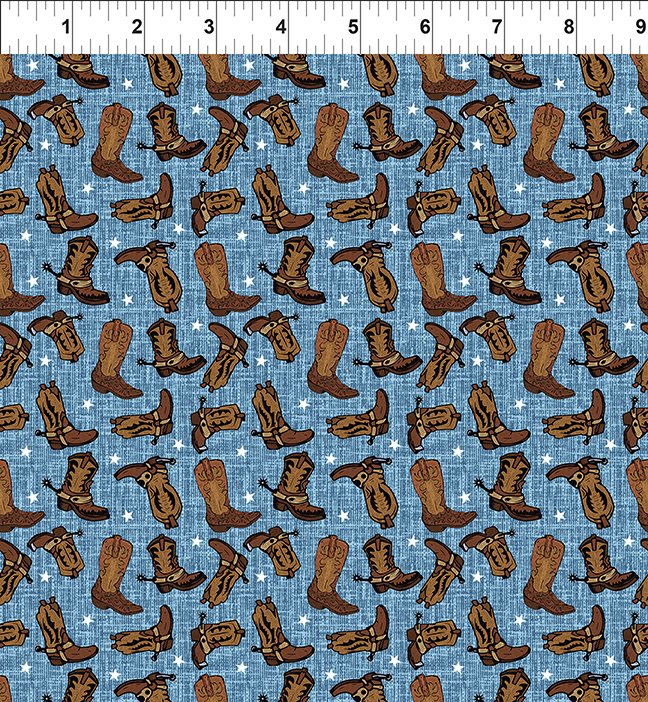 Denim blue background with cowboy boots and stars.