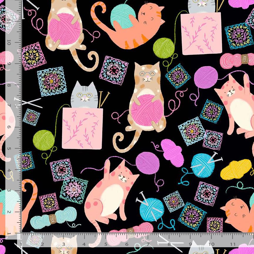 Black background with knitting kitties.