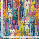 Multicolored background with sassy cats overlaid.